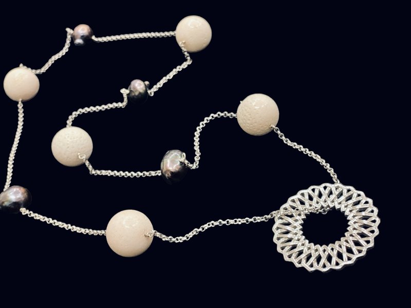 NADIA DAJANI JEWELLERY LONG KARMA NECKLACE WITH PEARLS AND CORAL
