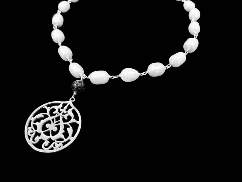 NADIA DAJANI JEWELLERY PEARL NECKLACE WITH FLORAL ARABESQUE