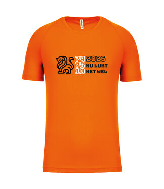 Fanshirt Oranje met tekst "2026 nu lukt het wel" | Sportshirt Uni versie in kleur Fluo-Oranje