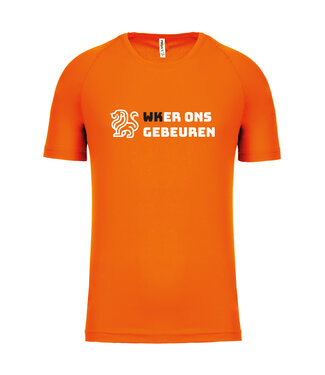 Fanshirt Oranje met tekst "WK er ons gebeuren" | Sportshirt Uni versie in kleur Fluo-Oranje