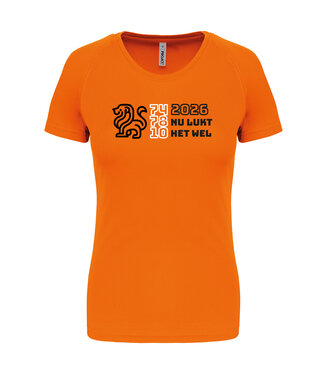 Fanshirt Fluo-Oranje damesversie met tekst "2026 nu lukt het wel"