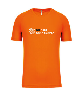 Oranje Fanshirt WK 2026 voor kinderen met tekst "WK niet gaan slapen"