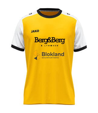 Jako set Dymamic geel bestaande uit: Shirt Dynamic geel incl. 2 sponsoren op de voorzijde + nummer en 2 sponsoren op de achterzijde | Short Manchester wit incl. nummer | kousen wit