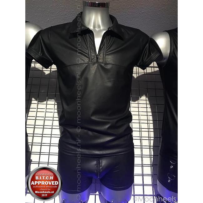 Leren polo shirt met kraagje, rits en korte mouw
