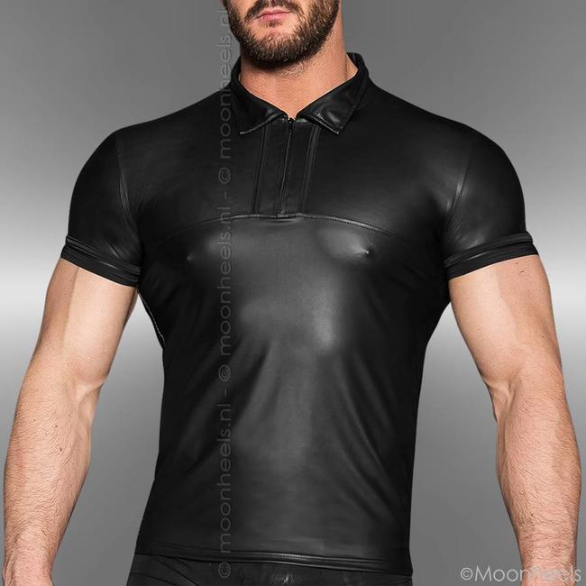Leren polo shirt met kraagje, rits en korte mouw