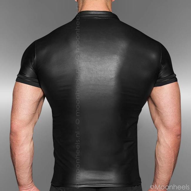 Leren polo shirt met kraagje, rits en korte mouw