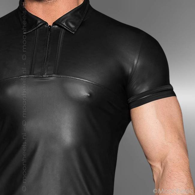 Leren polo shirt met kraagje, rits en korte mouw