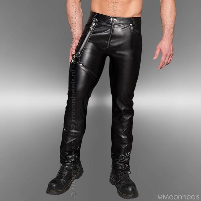 Black leather pants with adjustable leg harness