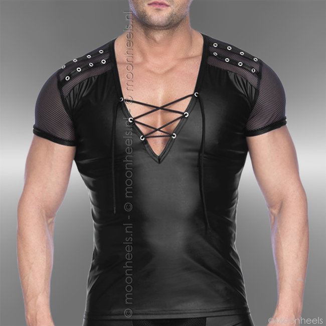 Exclusief en stoer kunst leren shirt met diepe V-hals en transparante mouwtjes