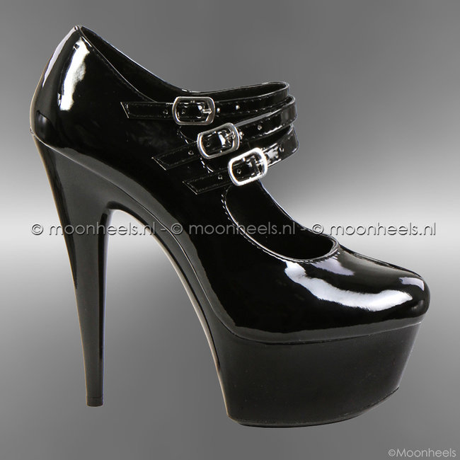 Classy zwarte lak high heels met plateau en wreefbandje