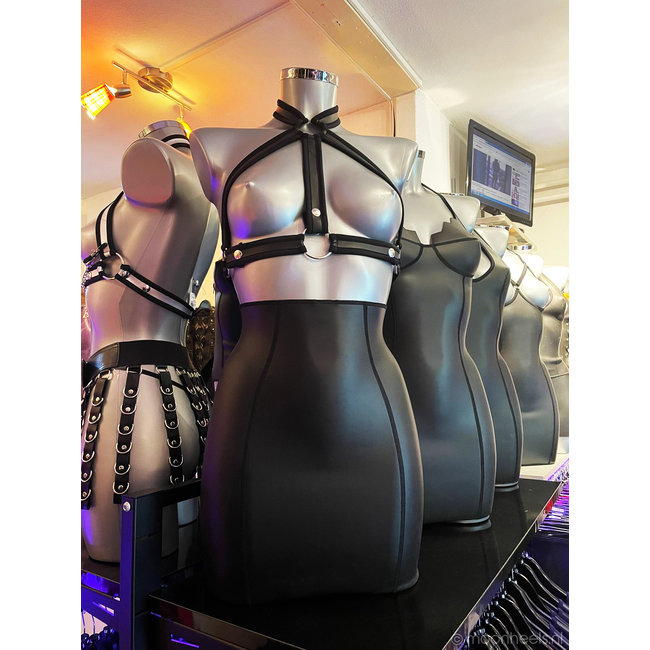 High waist neopreen (rubber) pencil rok met lange rits