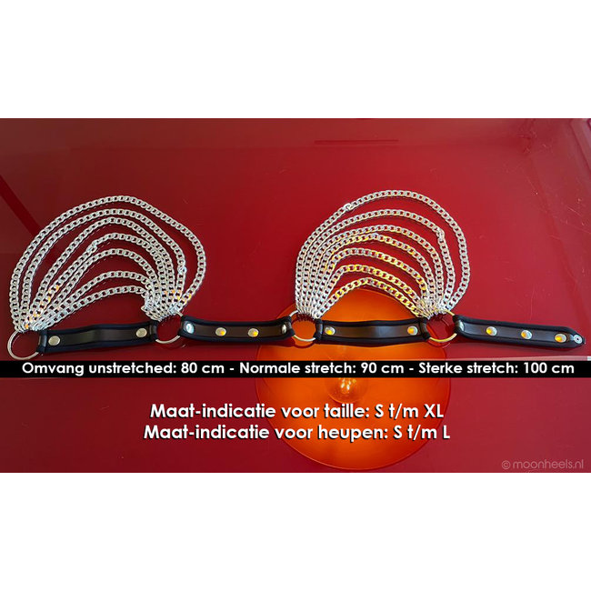 Exclusieve elastische Neopreen (rubber) heupriem met goudkleurige kettingen