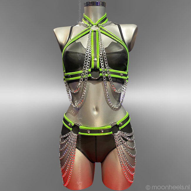 Exclusive elastic Neoprene (rubber) hip belt with chains - Reflective Green