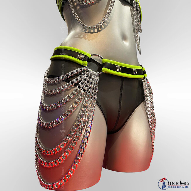 Exclusieve elastische Neopreen (rubber) heupriem met kettingen - Fluor Groene bies