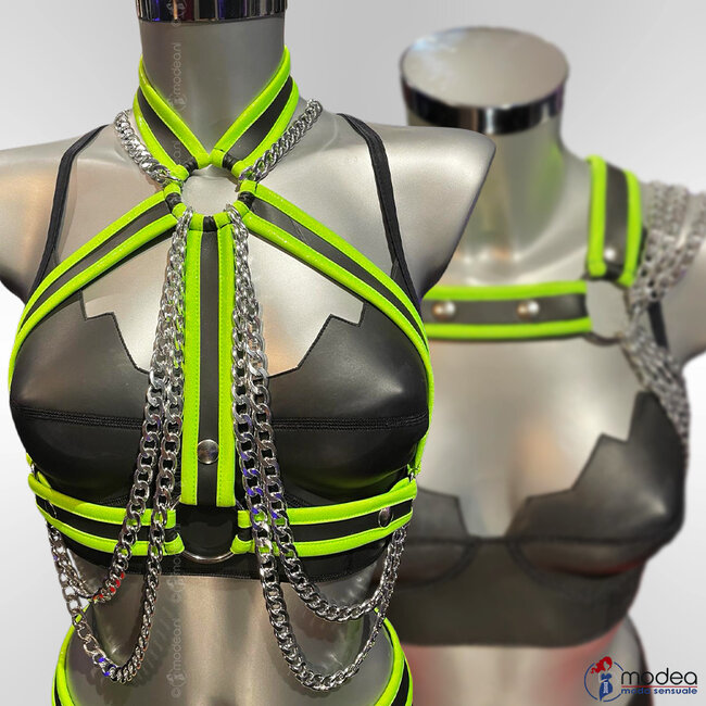 Exclusieve elastische Neopreen (rubber) heupriem met kettingen - Fluot Groene bies