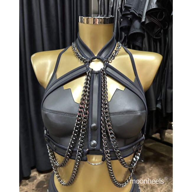 Dames Neopreen (rubber) harnastop met Chrystal Black kettingen - zwarte  bies  -