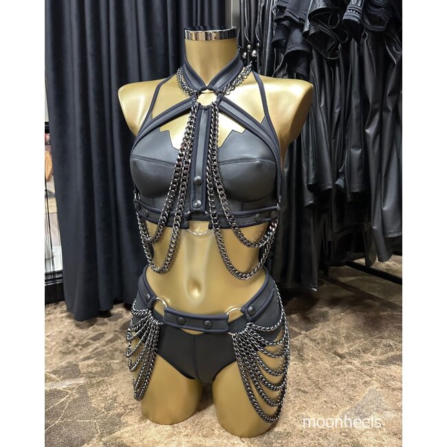 Dames Neopreen (rubber) harnastop met Chrystal Black kettingen - zwarte  bies  -