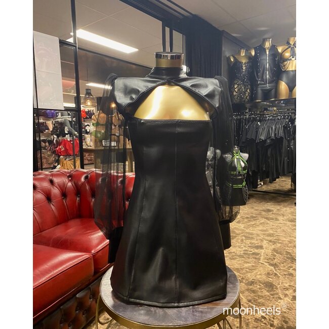 Zwart jurkje van kunst leer met mesh mouwen