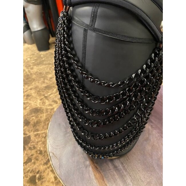 Exclusieve elastische Neopreen (rubber) heupriem met zwarte kettingen - zwarte bies