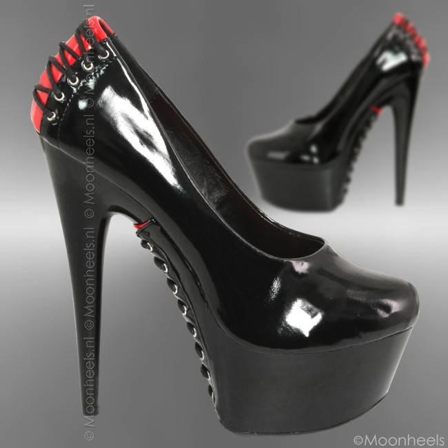 Classy lacquer high heels with red and black corset closure