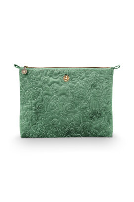 Pip Cosmetic Flat Pouch Large Velvet Quilted  Green 30x22x1cm