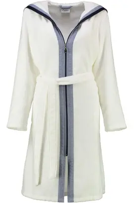Cawö Dames Badjas met Capuchon en Rits 6598 Weiss 50