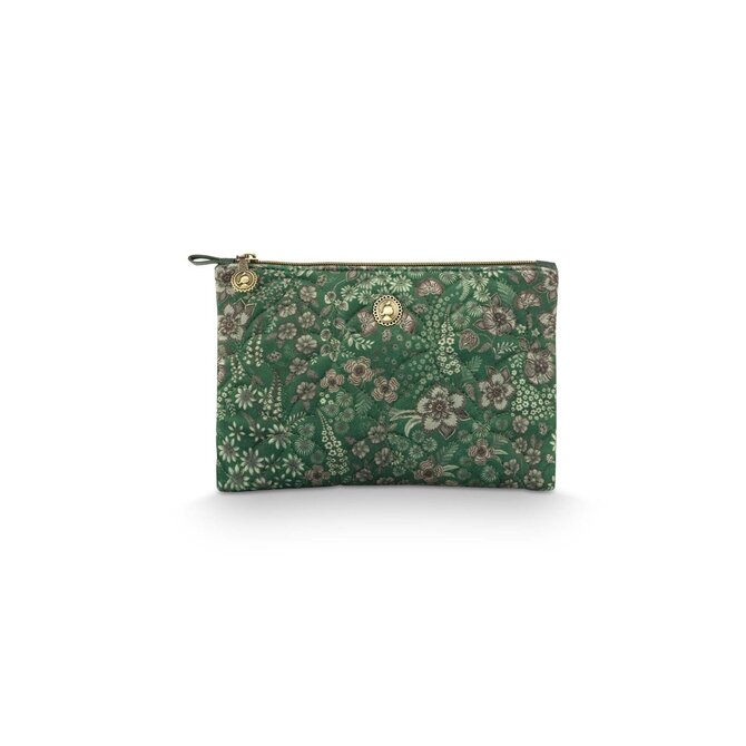 Pip Studio Charly Trousse cosmétique plate moyenne matelassée Rêves de Marguerite verte 24x1x15.5cm