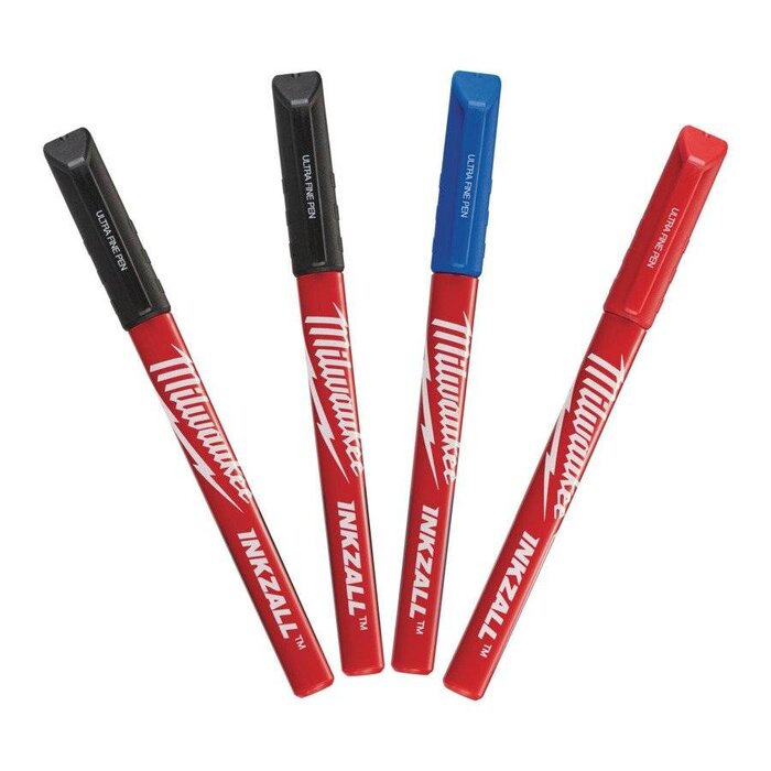 MILWAUKEE Marker INKZALL™ Ultrafijne punt 0,6 mm zwart/rood/blauw (blister 4 stuks)