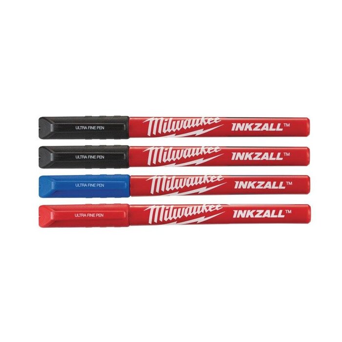 MILWAUKEE Marker INKZALL™ Ultrafijne punt 0,6 mm zwart/rood/blauw (blister 4 stuks)