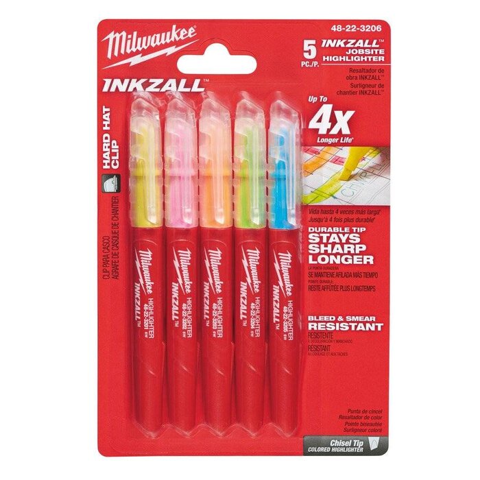 MILWAUKEE Marker INKZALL™ Beitel punt Fluo geel/roze/oranje/blauw/groen (blister 5 stuks)