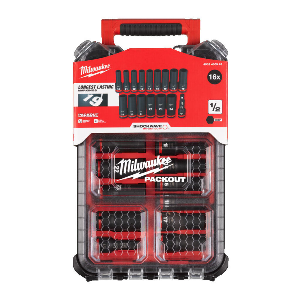 MILWAUKEE SHOCKWAVE 1/2" Lange Doppenset PACKOUT (16-delig)