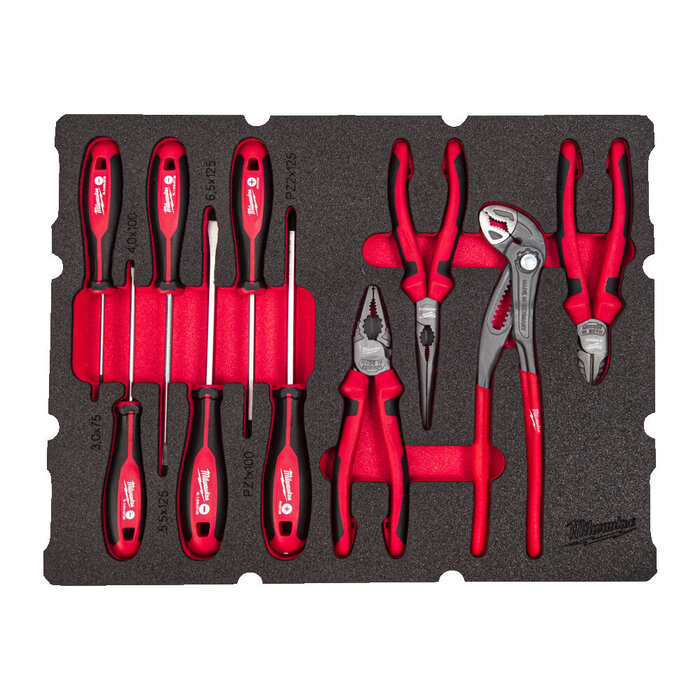MILWAUKEE FOAM INLAY GESCHIKT VOOR ALLE PACKOUT™ GEREEDSCHAPSKOFFERS MET LADES MET SCHROEVENDRAAIERS EN TANGEN (10-DELIG)