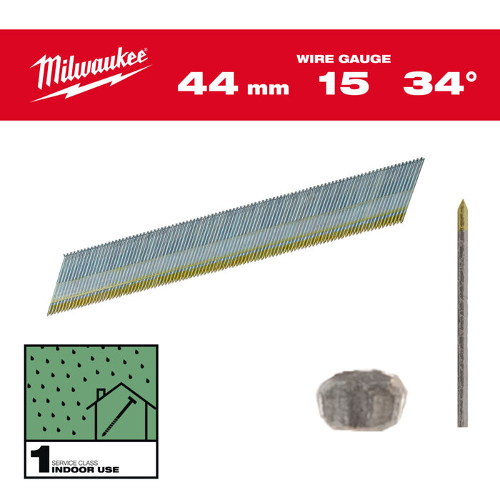 MILWAUKEE AFWERKSPIJKERS, 15 GAUGE, 34°, D HEAD INDOOR USE