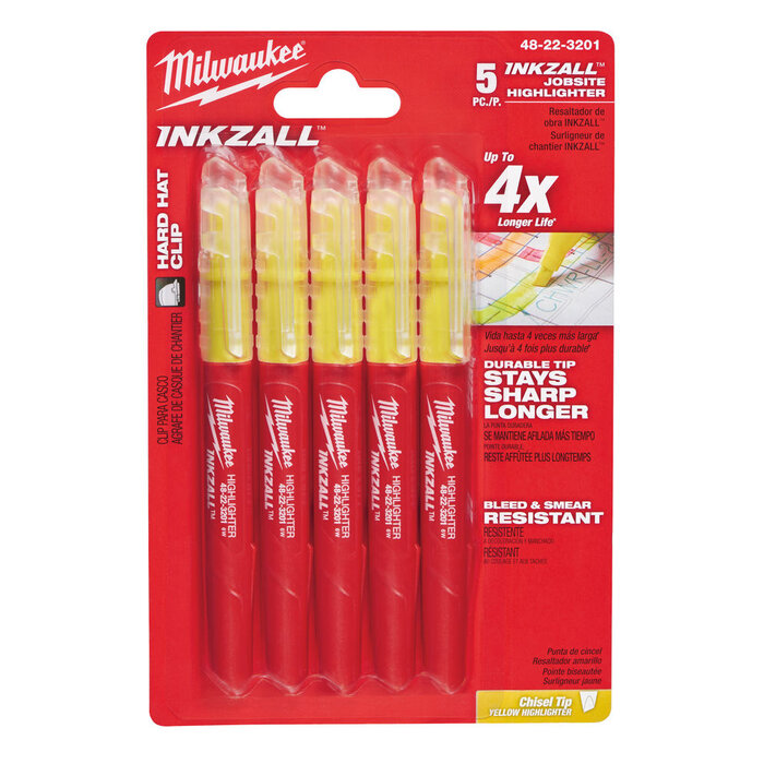 MILWAUKEE Marker INKZALL™ Beitel punt Fluo geel (blister 5 stuks)