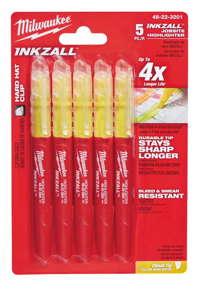 MILWAUKEE Marker INKZALL™ Beitel punt Fluo geel (blister 5 stuks)