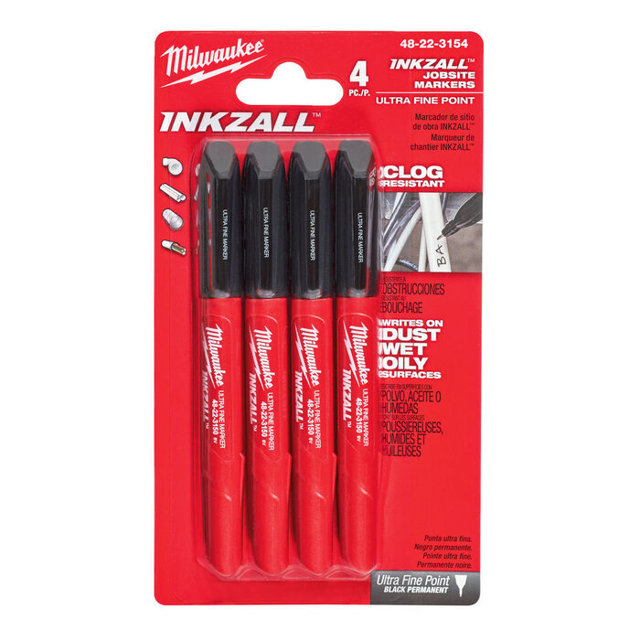 MILWAUKEE Marker INKZALL™ Ultrafijne punt 0,6 mm zwart (blister 4 stuks)