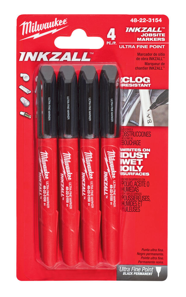 MILWAUKEE Marker INKZALL™ Ultrafijne punt 0,6 mm zwart (blister 4 stuks)