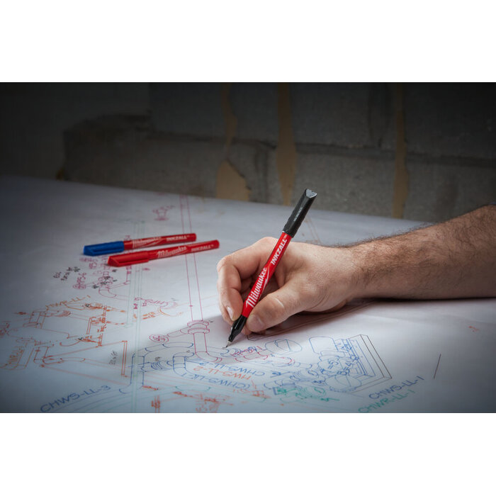 MILWAUKEE Marker INKZALL™ Ultrafijne punt 0,6 mm zwart/rood/blauw (blister 4 stuks)