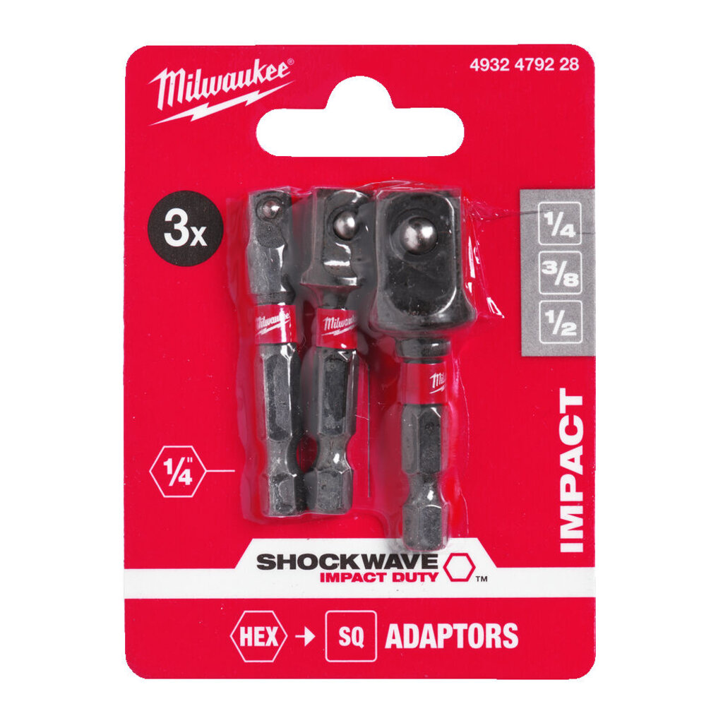 MILWAUKEE Dopadapter SHOCKWAVE 1/4Hex - 1/4, 3/8, 1/2 aandrijfvierkanten (3-delig)