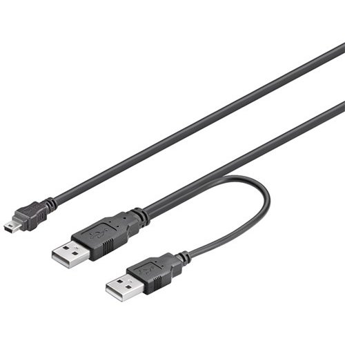 USB 2.0 Hi-Speed Dual-Power Kabel, Schwarz<br>USB 2.0-Stecker (Typ A) + USB 2.0-Stecker (Typ A) > USB 2.0-Mini-Stecker (Typ B, 5-Pin)