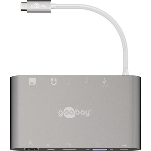 USB-C™ Multiport-Adapter All in 1 Aluminium, silber<br>erweitert ein USB-C™ Gerät um einen Ethernet-, einen HDMI™-, einen VGA-, einen Mini DisplayPort-, 3 USB-A 3.0- Anschlüsse, einen 3,5 mm-Klinkenanschluss sowie einen Kartenleser für SD- und Micro-SD-Ka