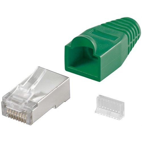 RJ45 Stecker, CAT 5e STP geschirmt mit Knickschutztülle<br>für Rundkabel mit Einfädelhilfe