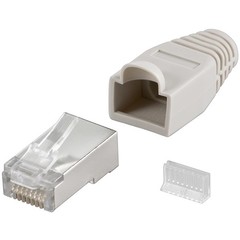 RJ45 Stecker, CAT 5e STP geschirmt mit Knickschutztülle<br>für Rundkabel mit Einfädelhilfe