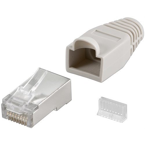 RJ45 Stecker, CAT 5e STP geschirmt mit Knickschutztülle<br>für Rundkabel mit Einfädelhilfe