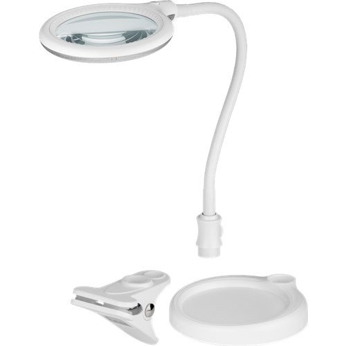 LED Stand/Klemm-Lupenleuchte, 6 W<br>100 mm Glaslinse, 1,75x Vergrößerung, 3 Dioptrien, 570 Lumen