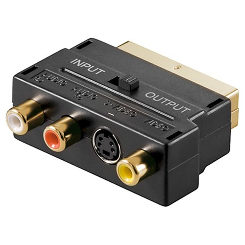 Scart zu Composite Audio Video und S-Video Adapter, IN/OUT<br>Scartstecker (21-Pin) > 3x Cinch-Buchse + Mini-DIN 4-Buchse (S-Video)