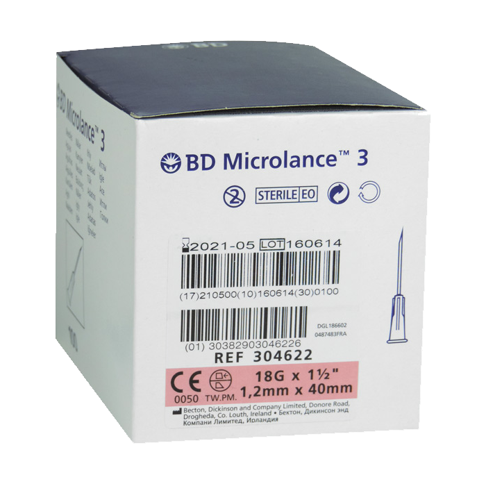 BD Microlance 18G x 1 1/2" 1.2 x 40mm Pink Hypodermic Needles
