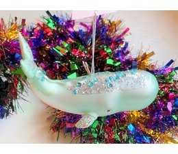 * SOLD * Prachtige kerstornament "green glitter whale"