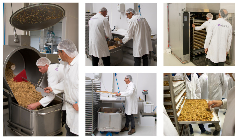 A collage of founder Jetse Schokker and his coworkers preparing organic granola