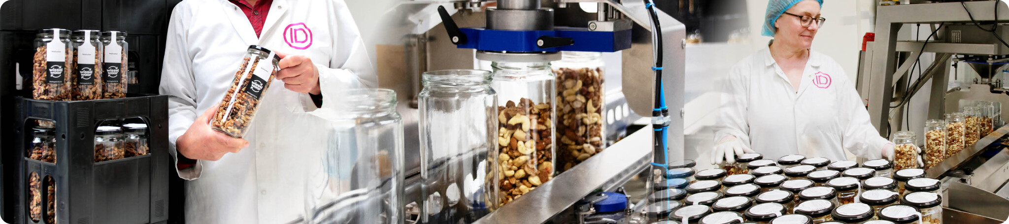 Een collage van een productielijn met een lachende oprichter van het bedrijf die het eindproduct presenteert